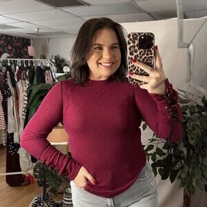 free people maroon ribbed waffle knit thermal mock neck